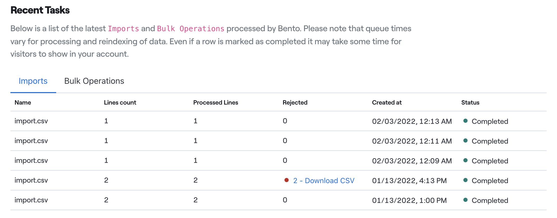 Import Subscribers - Recent Tasks