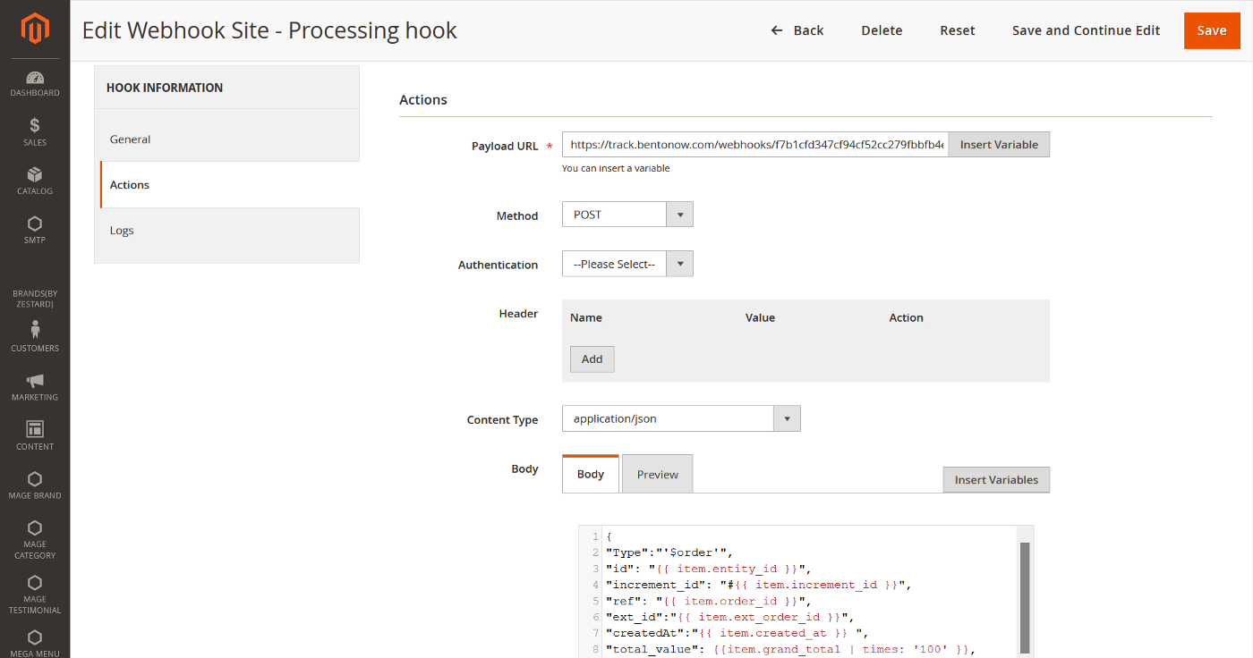 Magento - Edit Webhook - Actions